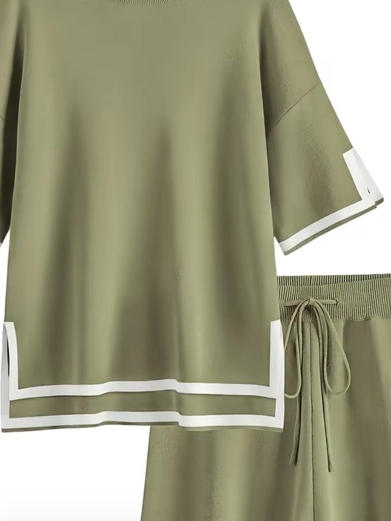 Ekouaer Other - Olive Green Two-Piece Lounge Set with White Trim